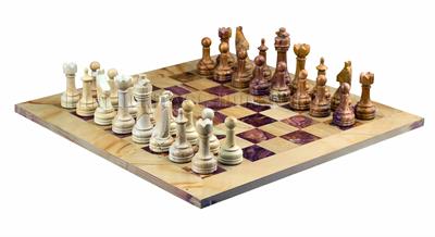 Burma Teak & Red Onyx Natural Stone Chess Set With Rustic Series Chess Pieces 