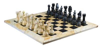 Burma Teak & Jet Black Marble Natural Stone Chess Set With Rustic Series Chess Pieces 