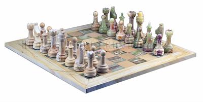 Burma Teak & Green Onyx Natural Stone Chess Set With Rustic Series Chess Pieces 