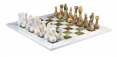 White Marble & Green Onyx Natural Stone Chess Set With Rustic Series Chess Pieces 