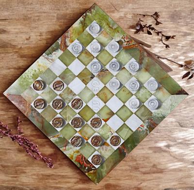 Handcrafted Green Onyx and White Marble Checkers Set – Luxury Stone Board Game for Home Décor & Gift