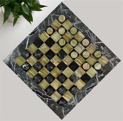 Elegant Black Zebra & Green Onyx Marble Checkers Set – Handcrafted Luxury Board Game