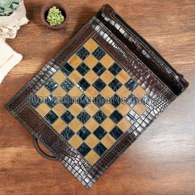 Imperial Gambit Brown Croco Leather Travel Roll-Up Chess Set – Luxury Portable Chess for On-the-Go Strategy