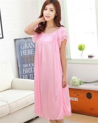 Summer Short Sleeve Sleepwear Viscose Lace Long Nightgown