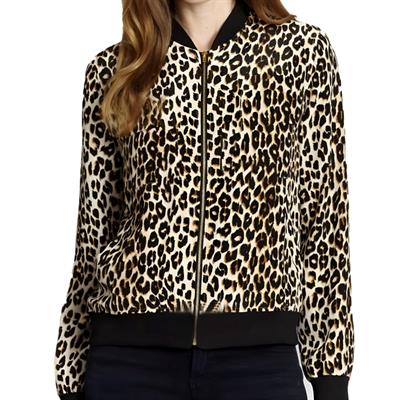 Stylish Leopard-Printed Velvet Zipper Bomber Jacket For Ladies