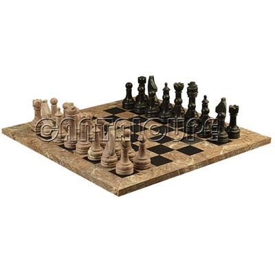 Combo Of The Economic Rustic Series Chess Set In Pink Marina & Jet Black Marble Natural Stone - 3.50" King With Pink Marina & Jet Black Marble Natural Stone Chess Board - 16"X16"
