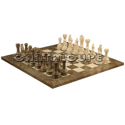 Combo Of The Economic Rustic Series Chess Set In Fossil & Botticino Marble Natural Stone - 3.50" King With Fossil & Botticino Marble Natural Stone Chess Board - 16"X16"