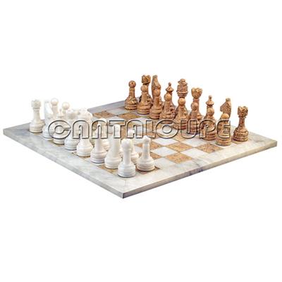 Combo Of The Economic Rustic Series Chess Set In White Marble & Coral Marble Natural Stone - 3.50" King With White Marble & Coral Marble Natural Stone Chess Board - 16"X16"