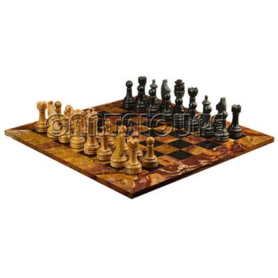 Combo Of The Economic Rustic Series Chess Set In Red Onyx & Black Marble Natural Stone - 3.50" King With Red Onyx & Black  Natural Stone Chess Board - 16"X16"