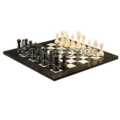 Combo Of The Economic Rustic Series Chess Set In Jet Black & Botticino Marble Natural Stone - 3.50" King With Jet Black & Botticino Marble Natural Stone Chess Board - 16"X16"