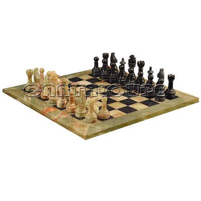 Combo Of The Economic Rustic Series Chess Set In Green Onyx & Black Marble Natural Stone - 3.50" King With Green Onyx & Jet Black Marble  Natural Stone Chess Board - 16"X16"