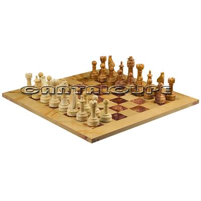 Combo Of The Economic Rustic Series Chess Set In Burma Teak & Red Onyx Natural Stone - 3.50" King With Burma Teak & Red Onyx Natural Stone Chess Board - 16"X16"
