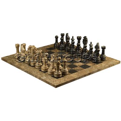 Combo Of The Economic Rustic Series Chess Set In Fossil & Jet Black Marble Natural Stone - 3.50" King With Fossil & Jet Black Marble Natural Stone Chess Board - 16"X16"