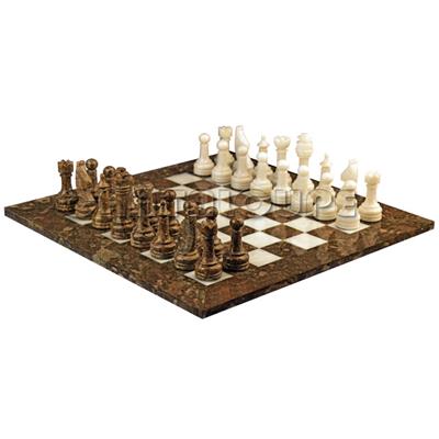 Combo Of The Economic Rustic Series Chess Set In Fossil & White Marble Natural Stone - 3.50" King With Fossil & White Marble Natural Stone Chess Board - 16"X16"