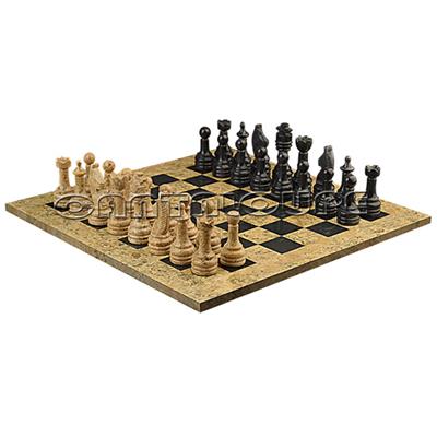 Combo Of The Economic Rustic Series Chess Set In Coral & Jet Black  Marble Natural Stone - 3.50" King With Coral & Jet Black  Natural Stone Chess Board - 16"X16"