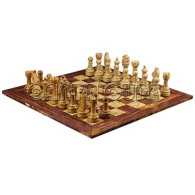 Combo Of The Economic Rustic Series Chess Set In Red Onyx & Coral Marble Natural Stone - 3.50" King With Red Onyx & Coral Natural Stone Chess Board - 16"X16"