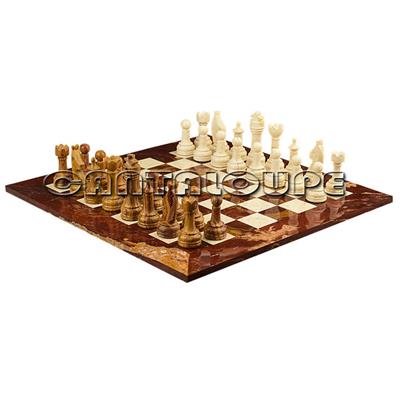 Combo Of The Economic Rustic Series Chess Set In Red Onyx & Botticino Marble Natural Stone - 3.50" King With Red Onyx & Botticino Marble Natural Stone Chess Board - 16"X16"