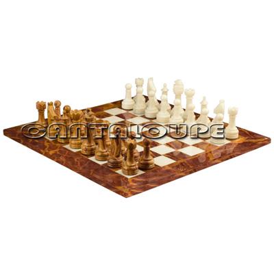 Combo Of The Economic Rustic Series Chess Set In Red Onyx & White Marble Natural Stone - 3.50" King With Red Onyx & White Marble Natural Stone Chess Board - 16"X16"