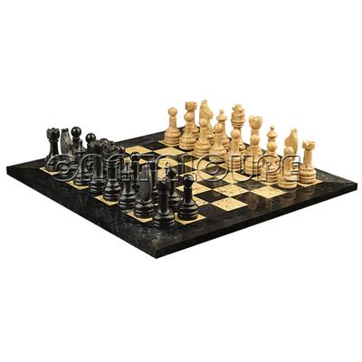  Combo Of The Economic Rustic Series Chess Set In Jet Black & Coral Marble Natural Stone - 3.50" King With Jet Black & Coral Marble Natural Stone Chess Board - 16"X16"