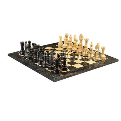 Combo Of The Economic Rustic Series Chess Set In Jet Black & Burma Teak Marble Natural Stone - 3.50" King With Jet Black & Burma Teak Marble Natural Stone Chess Board - 16"X16"