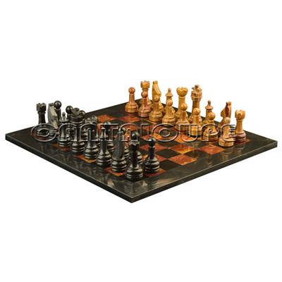 Combo Of The Economic Rustic Series Chess Set In Jet Black Marble & Red Onyx Natural Stone - 3.50" King With Jet Black & Red Onyx Natural Stone Chess Board - 16"X16"