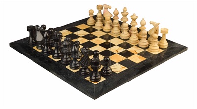 Combo Of The Modern European Series Chess Set  In Jet Black & Burma Teak Marble Natural Stone - 3.50" King With Jet Black & Burma Teak Marble Natural Stone  Chess Board - 16"X16"