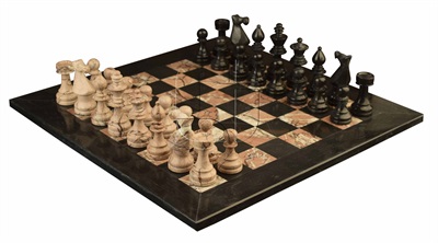 Combo Of The Modern European Series Chess Set In Black & Marina Marble Natural Stone - 3.50" King With  Black & Marina Marble Natural Stone Chess Board - 16"X16"
