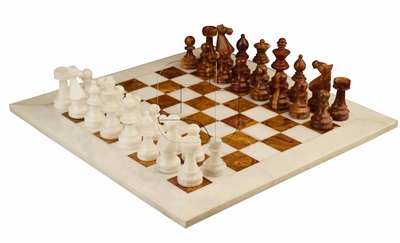 Combo Of The Modern European Series Chess Set In White Marble & Red Onyx Natural Stone - 3.50" King With  White Marble & Red Onyx  Natural Stone Chess Board - 16"X16"