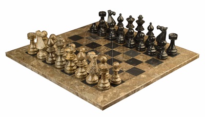  Combo Of The Modern European Series Chess Set In Oceanic & Jet Black Marble Natural Stone - 3.50" King With Oceanic & Jet Black Natural Stone Chess Board - 16"X16"