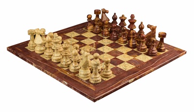  Combo Of The Modern European Series Chess Set  In Red Onyx & Coral Marble Natural Stone - 3.50" King With Red Onyx & Coral Marble Natural Stone  Chess Board - 16"X16"