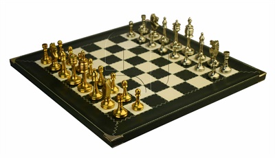 The Reversible Genuine Leather Chess Board With Castle Series Hand Crafted Chess Pieces in Solid Brass - 3.4" King