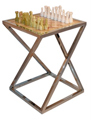 Contemporary Green Onyx Chess Table - Steel Framing -12x12 Inch Board - Classic Chess Pieces