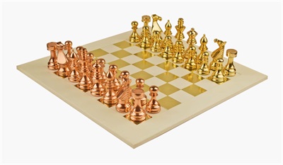 Combo of The Modern European Series Chess Pieces in Pure Brass - 3.50" King with Pure Leather Chess Board - 16"x16"