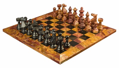 Combo Of The Modern European Series Chess Set  In Red Onyx & Black  Marble Natural Stone - 3.50" King With  Red Onyx & Black Natural Stone  Chess Board - 16"X16"