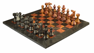 Combo Of The Modern European Series Chess Set  In Jet Black  & Red Onyx  Marble Natural Stone - 3.50" King With  Jet Black  & Red Onyx Natural Stone  Chess Board - 16"X16"