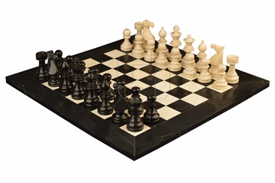 Combo Of The Modern European Series Chess Set  In Jet Black & Botticino Cream Marble Natural Stone - 3.50" King With Jet Black & Botticino Cream Natural Stone  Chess Board - 16"X16"