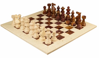 Combo Of The Modern European Series Chess Set  In Botticino Cream & Red Onyx  Marble Natural Stone - 3.50" King With  Botticino Cream & Red Onyx Natural Stone  Chess Board - 16"X16"