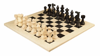  Combo Of The Modern European Series Chess Set  In Botticino Cream & Jet Black  Marble Natural Stone - 3.50" King With Botticino Cream & Jet Black Marble Natural Stone  Chess Board - 16"X16"
