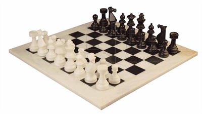 Combo Of The Modern European Series Chess Set  In Traditional White & Black Marble Natural Stone - 3.50" King With Traditional White & Black  Marble Natural Stone  Chess Board - 16"X16"