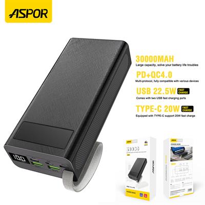 Aspor A306 Big Capacity Of 30000mah Power Bank Lcd Display 22.5w And 20w Pd