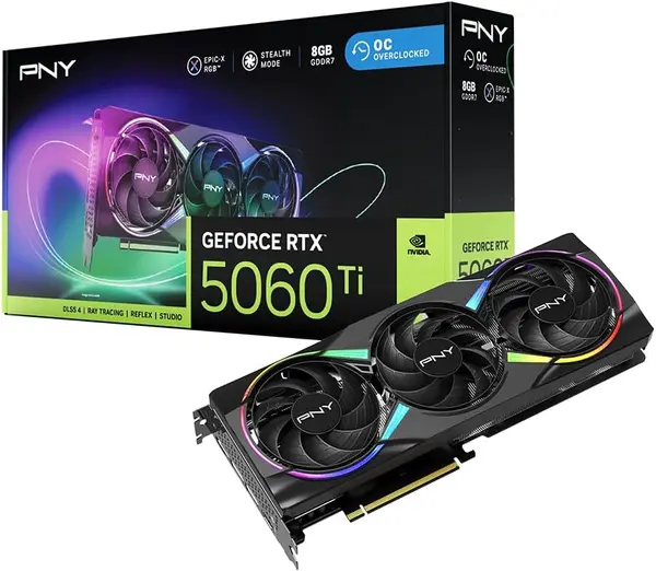 PNY NVIDIA GeForce RTX™ 5060 Ti 8G Epic-X RGB™ OC Triple-Fan Graphics Card | 8GB G7, 128-bit, Boost Speed: 2692 MHz, SFF-Ready, PCIe® 5.0, HDMI®/DP 2.1, 2-Slot, NVIDIA Blackwell Architecture, DLSS 4.5
