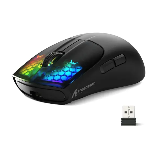 Attack Shark X5 Wireless Gaming Mouse with Tri-Modes BT 5.1/2.4Ghz/USB-C, Lightweight 49g, PAW3212 Optical Sensor, Rechargeable Battery, RGB LED Honeycomb Mice for PC/Tablet/Desktop/Office/Games - Black