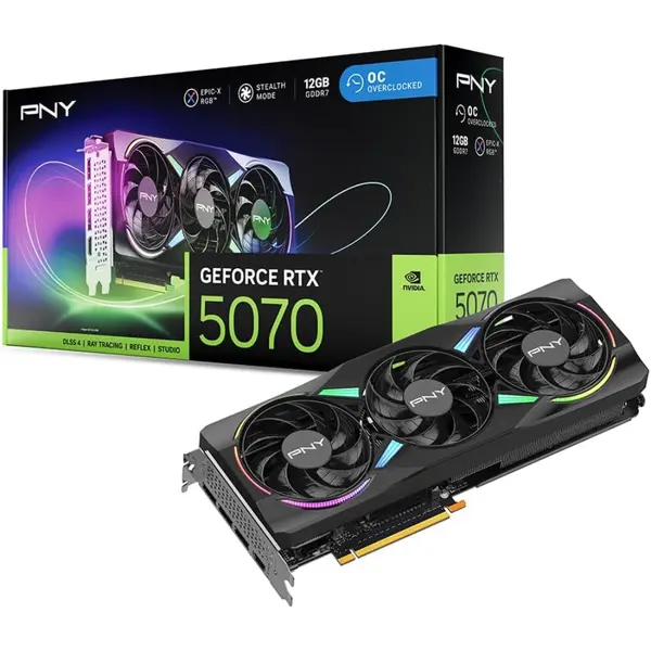 PNY NVIDIA GeForce RTX 5070 Epic-X ARGB OC Triple Fan Graphics Card (12GB GDDR7, 192-bit, Boost Speed: 2685 MHz, SFF-Ready, PCIe 5.0, HDMI/DP 2.1, 2.4-Slot, NVIDIA Blackwell Architecture, DLSS 4)