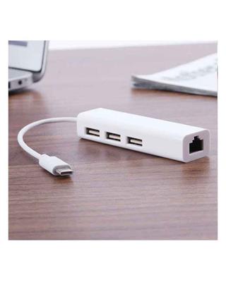 Type-C USB 3.1 To 3 Port USB 2.0 100m Rj45 Ethernet Lan Network Hub Adapter - White