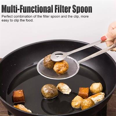 Stainless steel kitchen serving tongs frying filter spoon multi-function kitchen gadget filter spoon with clip stainless steel clamp 