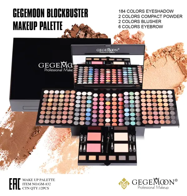 GEGEMOON Blockbuster Makeup Palette – 184 Eyeshadow Colors, Blusher, Compact Powder & Eyebrow Kit