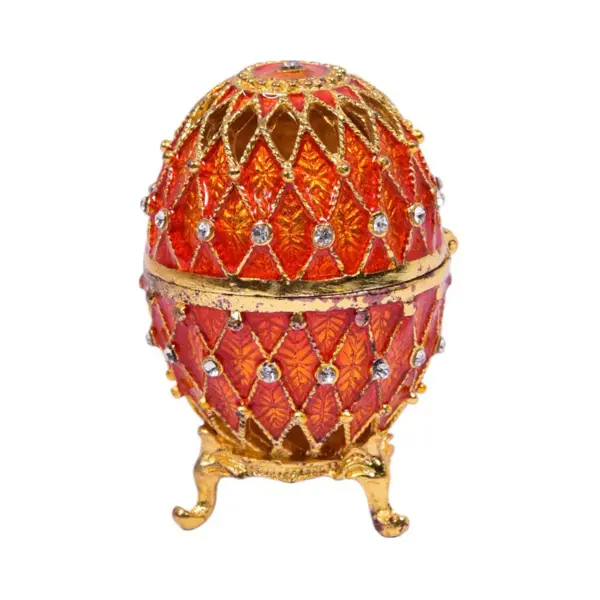 Luxury Red Diamond-Pattern Fabergé-Style Egg Jewellery Box – Crystal Enamel Decorative Trinket Holder