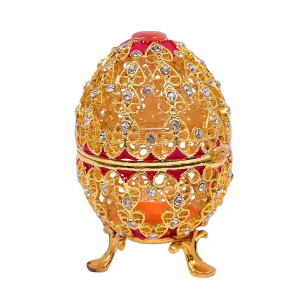 Luxury Red & Gold Fabergé-Style Egg Jewellery Box – Crystal Enamel Decorative Trinket Holder