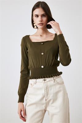 Khaki Square Neck Knitwear Top