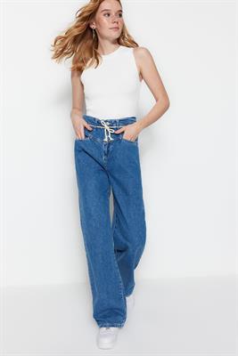 Blue Tie Detail High Waist Wide Leg Jeans